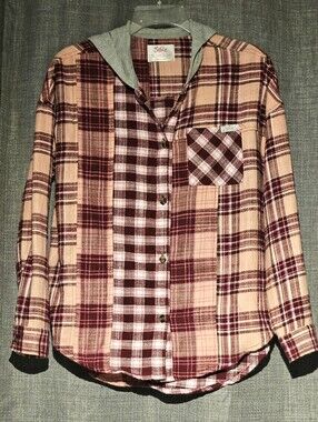 Justice Plaid Hooded Button-Down Pink and BurgundyTop Girls Size XL (16-18)